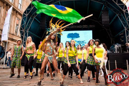 dancers at Merchants City in Galsgow wearing Brazilian Tartan