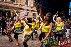 Brazilian dancers in Glasgow dressed in the Brazilian National Tartan