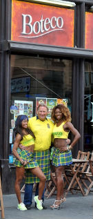Alan Rough with Brazilian Tartan dancers outside Boteco do Brasil in Glasgow
